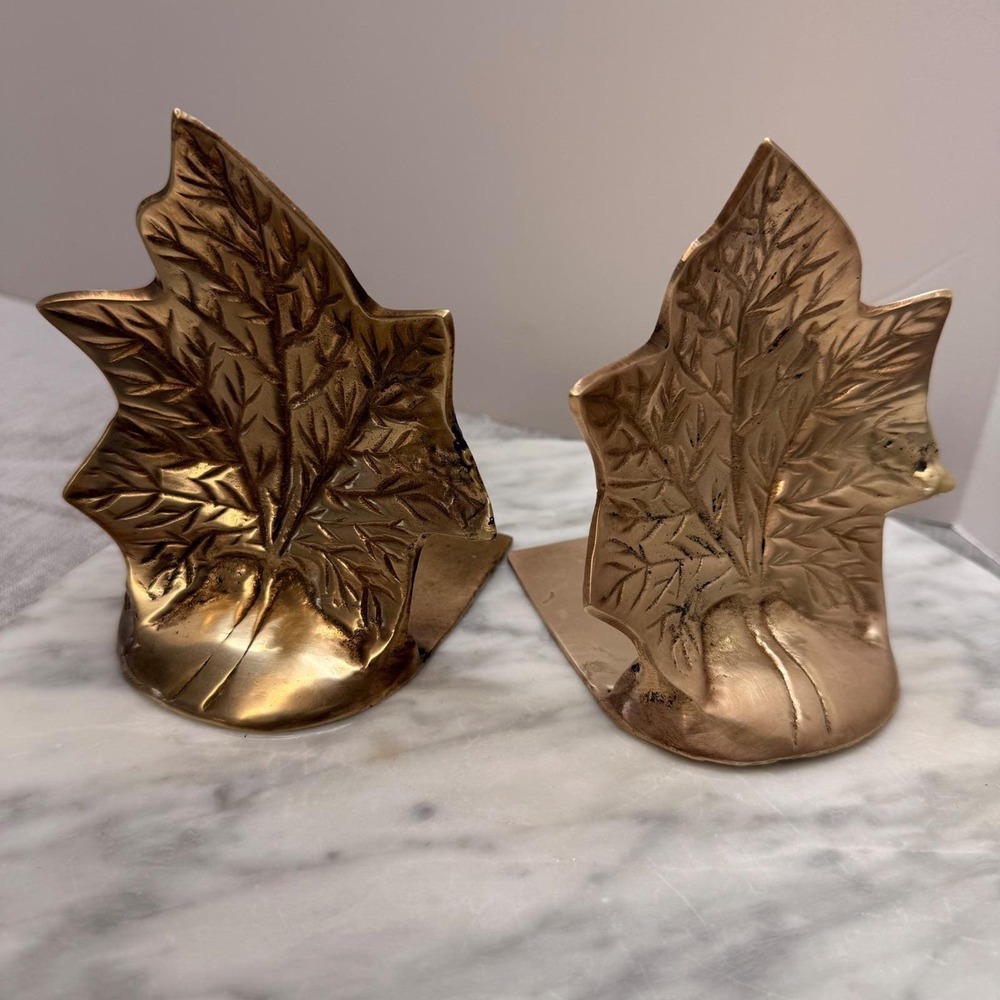 VTG Solid Brass Maple Leaf Bookends‎ Gold Decor 15oz each Set of 2 library boho